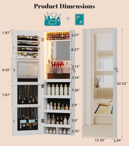 Image of Vlsrka LED Mirror Jewelry Cabinet, Over Door /Wall Mounted Jewelry Organizer