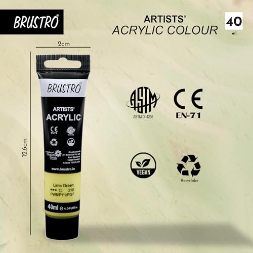Image of BRUSTRO Artists Acrylic Paint Tube | 40ml, Lime Green (Pack of 2) | Pastel Tone|Non-Toxic,Water Based,Inter Mixable,Ideal for Painting,Textured Effects on Canvas,Paper,Fine Art Student
