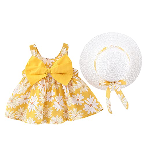 Infant Little Girls Clothes Set Summer Outfit Set Toddler Infant Baby Girls Summer Princess Dresses Vacation Beach Sleeveless Hat Set Ruffles Bow Floral Dress 0-3Y f37 Yellow