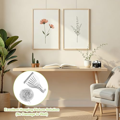 Image of Picture Hanging Kit 6Pcs Picture Rail Hooks & 6Pcs Chains, Metal Rail Hanging Hooks Picture Display Hanging System for Wall Picture, Exhibition(Silver,1M)