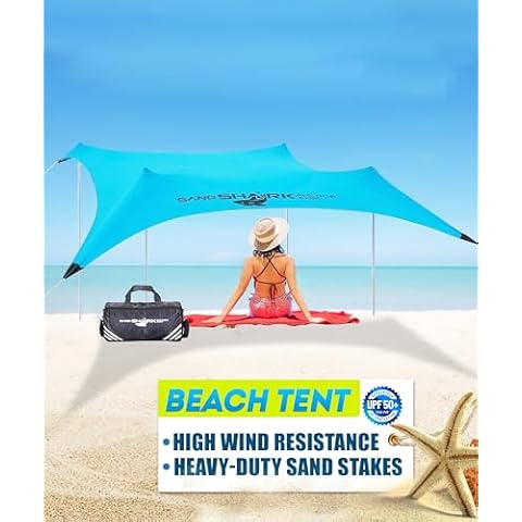 SandShark Premium High-Wind Stability Beach Tent, Heavy Duty Sand Stakes, 10x10-Reinforced Corners, Beach Shade, Beach Canopy, Pop Up Beach Tent Sun Shelter, Beach Sun Shade Tent, Portable Easy Set-up Cover