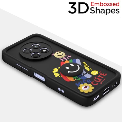 Image of Pikkme Back Cover for Realme Narzo 70x 5G / N65 / Realme 13 /12 / 12X 5G / C65 | Soft Silicone| Cute Rainbow Smile & 3D Cartoon Flower Design | Shockproof Raised Camera Protection Bumper Case (Black)