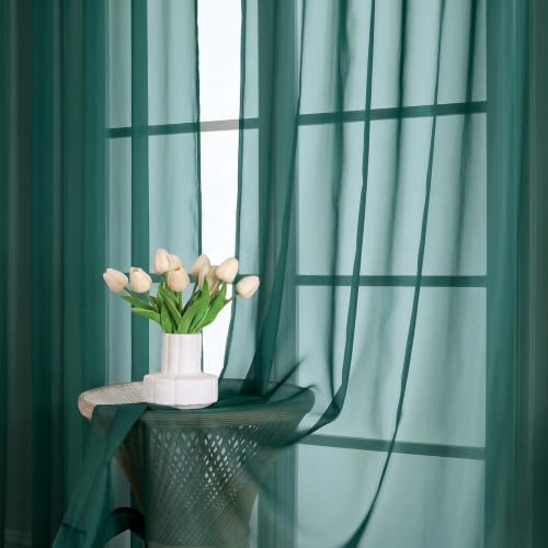 Image of Hunter Green Sheer Curtains 63 Inches Long 2 Panels Set, Light Filtering Sheer Curtains for Living Room Bedroom 59 Inch Extra Wide, Modern Voile Filmy Rod Pocket Window Drapes, 59Wx63L Inches