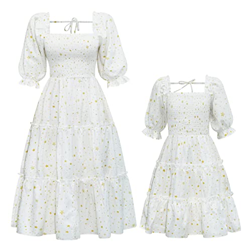 Vestido de madre e hija para mujer y niña, vestido de verano informal, vestido de verano familiar, traje para padres e hijos, línea A, volantes, boda, vacaciones, vestido de fiesta, Blanco, 9-10 años