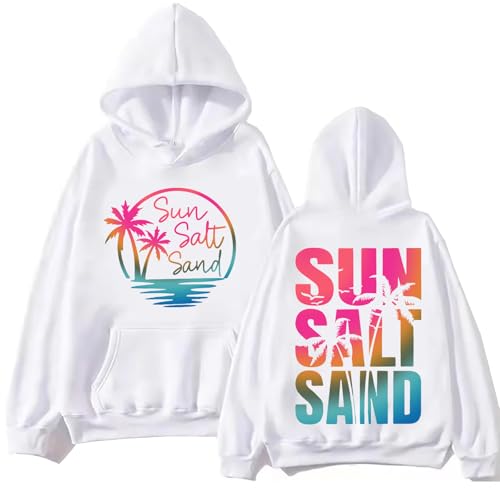 Image of TONGCHEN Sun Salt Sand Hoodie Palm Sweatshirt Salty Moms Beach Club Sweatshirt Beach Vibes Graphic Pullover Shirt For Women (US, Alpha, Medium, Regular, Regular, White)