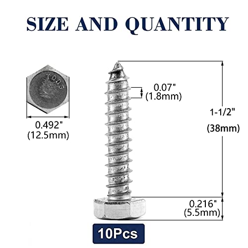 Image of 5 /16 inch x 1-1 /2 inch Hex Head Lag Screws Bolts 10Pcs 304 Stainless Steel 18-8, Partial Thread, Hexagon Head Wood Screws by SG TZH