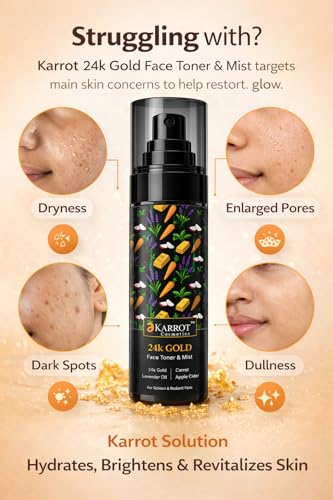 Image of Title: Karrot 24K Gold Face Toner & Mist 100ml for Golden Glow & Radiance - with 24K Gold Dust, Niacinamide, Apple Cider Vinegar, Carrot Seed & 5 Ceramides, Derma Tested, pH Balanced