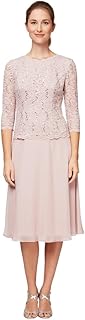 Women's Tea Length Embroidered Bodice Mother of The Bride Gown, Wedding Guest Dress