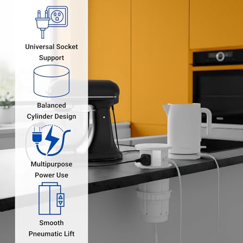 Image of Audiovan Motorized Sensor Touch Pop Up socket Pneumatic Electrical 3 Power 1 USB type A+C charge+ 15 watt Fast Wireless phone charge Kitchen Counter Conference Desk (White VMP-30)