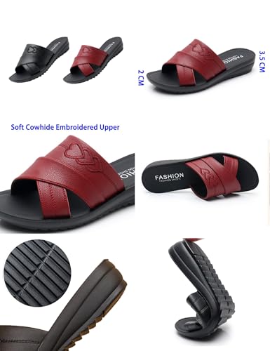 AngryMonkey Women's Wedge Stitch Slippers,Summer Lightweight Comfort Open Toe Casual Slide Softsole Embroidery Leather Sandals3