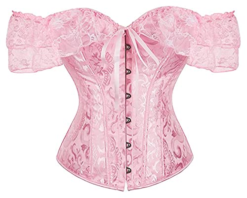 Moessa Women Floral Lace Off Shoulder Corset Bustier Boned Overbust Corset Bodyshaper Lingerie Top 902-Pink-XS