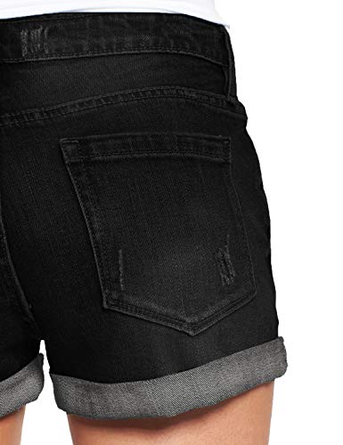 luvamia Women's Ripped Denim Jean Shorts High Waisted Stretchy Folded Hem Short Jeans A2 Proper Black Size Large Fits US 12-14