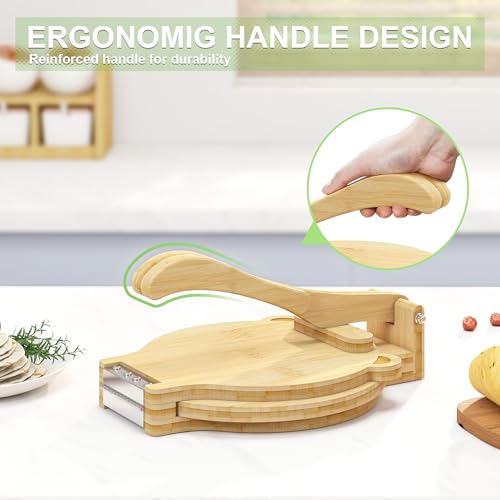 Bamboo Tortilla Press 10 inch Quesadilla Maker Wooden Corn Tortilla Maker Rotatable Roti Maker with 50Pcs Parchment Paper & Dough Cutter for Flour Mexican Taco Pataconera Dough Press (4.5\"-10\")