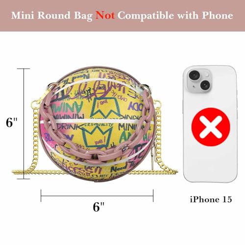 Linkidea Mini Basketball Shaped Purses for Women, Graffiti Letter Girls Small Cute Round Bag, Fashion Vegan Leather Shoulder Crossbody Messenger Handbag (Pink)2