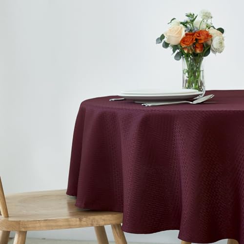 Image of maxmill Round Weaved Texture Design Tablecloth Spill-Proof Wrinkle Free Soft Washable Table Cloth for Circular Table Cover, for Dining Room Buffet Banquet Parties Holiday Dinner, 90 Inch Burgundy