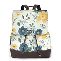 Blue Flower Yellow Floral Pattern Print Women Backpack Large Capacity PU Leather Diaper Bag Casual Daypack for School Travel Work