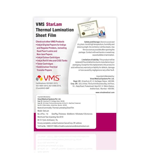 Image of VMS Starlam Thermal Lamination Pouch 65x95mm 125 Micron - Pack of 2 (200 Sheets) for Id Card