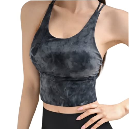 Longline Cross Back Sports Bra, Tie Dye Strappy Crop Top, Gym Crop Top Black #TOP1