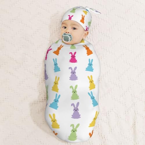 Image of Easter Cute Colorful Bunny Swaddle Blanket with Beanie Hat Set Newborn Receiving Blankets Baby Swaddle Wrap Soft Swaddle Blankets for Baby Boys and Girls