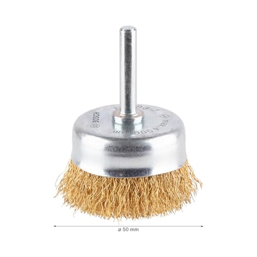 Bosch 1x PRO Brass-Coated Steel Longlife Topfbürste, gewellter Draht für 6‑mm-Zylinderschaft und Bohrer (für Stahl, Edelstahl, Ø 50 mm, Professional Zubehör Bohrmaschine/Schrauber)