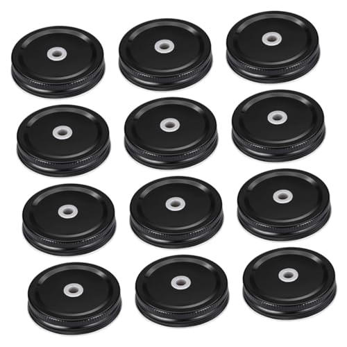 Cabilock Lot de Couvercles de Bocaux avec Trou de Paille Et Couvercles Hermétiques pour Bocaux à Ouverture Régulière Noir Anti-fuite Matériau en Fer 70 Mm