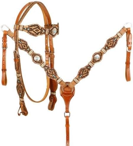 Showman Tribal Tooled Leather Headstall and Breast Collar Set w/Braided Rawhide & Turquoise Stone Accents! New Horse TACK!