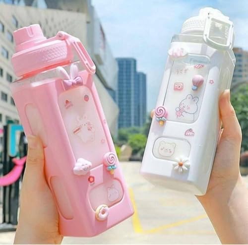 Image of Kawaii Water Bottle with Straw and Sticker, Kawaii Bear Water Bottle, Large Sport Plastic Portable Square Drinking Bottle for Girl, Cute Juice Tea Water Cups, 700 ML (Pink)