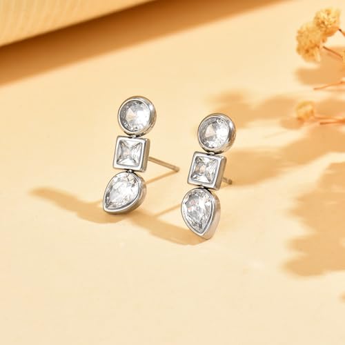 Mauzew Dangle Earrings for Women White Gold Long Cubic Zirconia Chain Drop Earrings Set Elegant Stainless Steel Ear Studs Prom Wedding Bridal Bridesmaid Jewelry Gifts by Mauzew - Image 5