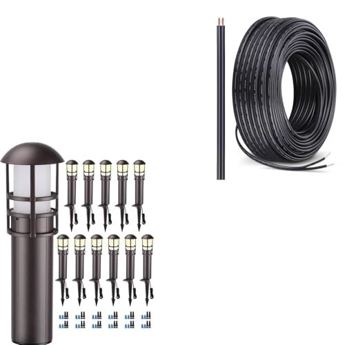 Image of LEONLITE LED Landscape Pathway Light Bundle 100ft 16 /2 Cable, 12-Pack 3W 12V Low Voltage Path Lighting, ETL Listed, 3000K Warm White & 1-Pack 100ft 16 /2 Low Voltage Landscape Lighting Cable, Black