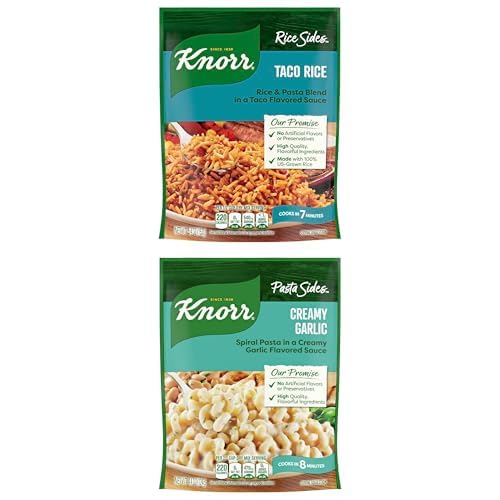 Discover Delicious Knorr Pasta Sides Bundle: Taco Rice & Creamy Garlic - Quick, Flavorful Pasta Dishes with No Artificial Flavors or Preservatives, 4.3 oz 2ct Each