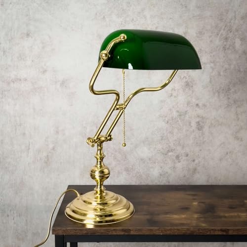 Licht-Erlebnisse Bankerlampe Grün Messing poliert 47 cm hoch verstellbar Zugschalter Echt-Messing Glas Jugendstil E27 Tischleuchte Schreibtischlampe Arbeitszimmer