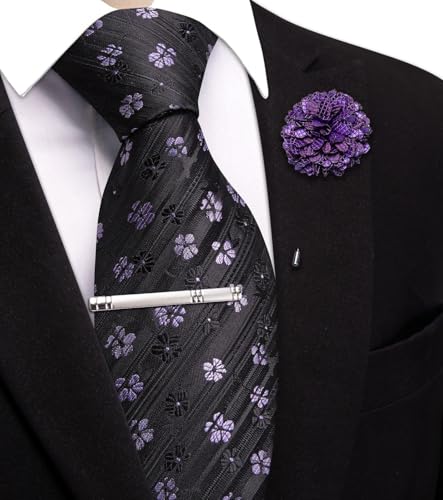 Image of Hi-Tie 63 inches Striped Paisley Extra Long Ties for Men Silk Necktie with Lapel Pin Tie Clip Big and Tall Men Formal Wedding
