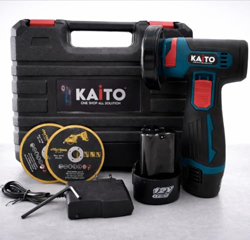 Image of KAITO 12V Brushless Cordless Mini Angle Grinder Machine with Rechargeable Battery | 19500 RPM, 80mm Disc, 2Ah Li-Ion Battery with Charger | Single Speed Control & Battery Indicator