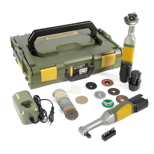Karl Dahm PROXXON 41827 - Set duo a batteria con smerigliatrice angolare a collo lungo e trapano angolare, con 2 batterie, caricabatterie e accessori, per lavori di precisione su piastrelle e pietra