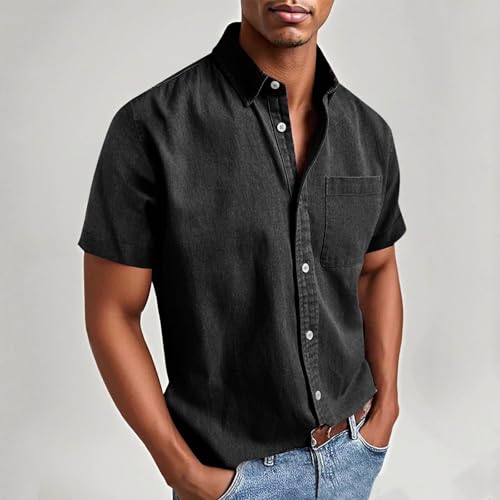 Mens Lapel Button Down Shirts Solid Color Short Sleeve Loose Blouses Summer Fall Casual Tops with Pockets 20252