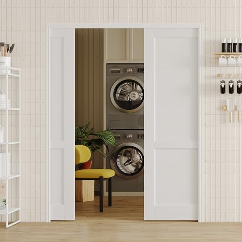 Image of Sliding Pocket Door, 64 inch(2 x 32) x 80 inch, 2-Panel Core with Frame and Hardware Kit Set, Interior Doors for Pocket Door, White Primed - No Panel Assembly Required