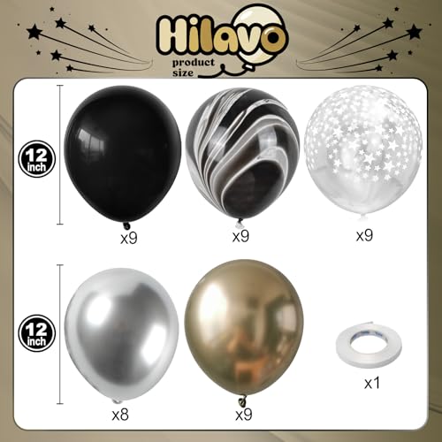 Image of Black Gold Silver Balloon Set, 12 Inch Marble Black and Metallic Chrome Gold Silver with Clear Star Print Grad Latex Balloons for Boy Girls Birthday Party Graduation Retirement Baby Shower Decorations