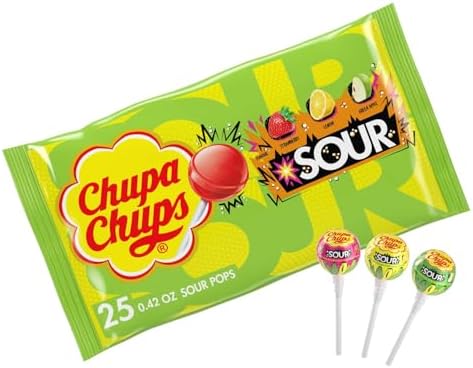 Chupa Chups SOUR Lollipops, Variety Pack, Lemon, Strawbery & Apple Flavored, Individually Wrapped Bulk Sour Candy Suckers for Adults & Kids, Bag of 25