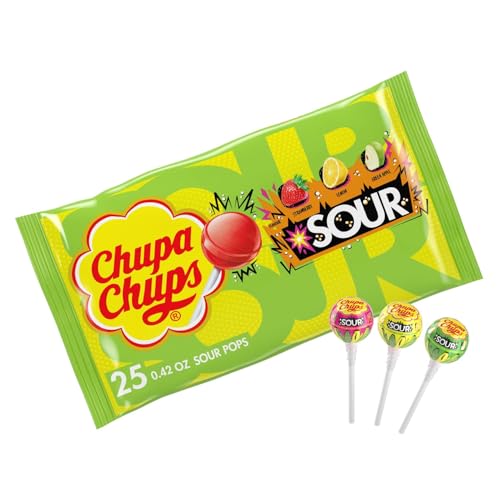Chupa Chups SOUR Lollipops, Variety Pack, Lemon, Strawbery & Apple Flavored, Individually Wrapped Bulk Sour Candy Suckers for Adults & Kids, Bag of 25