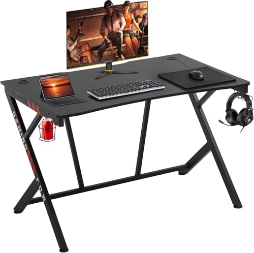 Image of PayLessHere Gaming Desk 45 inch W x 29 inch D Computer Desk Home Office Desk with Cup Holder Headphone Hook Z Frame Design for Home Office Gaming Table Computer Table (Red)