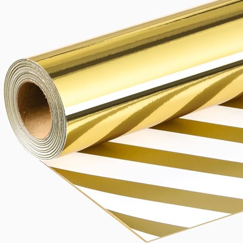 Wikadlik Goldfarbenes Geschenkpapier – Metallic-Gold, einfarbig und Streifen, wendbares Geschenkpapier für Geburtstag, Jahrestag, Weihnachten, Babyparty, 43 cm x 10 m, Mini-Rolle