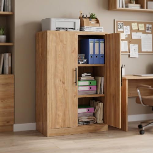Image of FFO Storix Wooden 2 Door File Storage Cabinet for Office & Home | Multi-Purpose Cupboard with Shelves for Files, Books, Printer & Documents | Wooden Almirah Organizer with Handles | Oak Finish DIY.