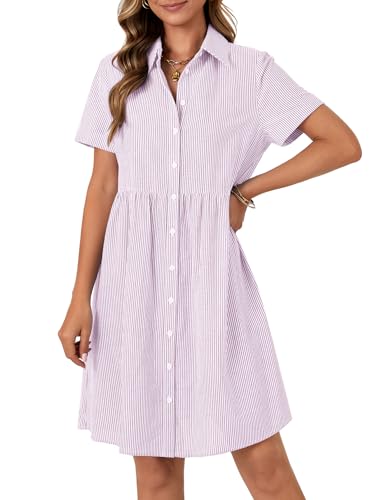 Image of Rooscier Women's Striped Shirt Dress Button Down Collared Short Sleeve Mini Dress