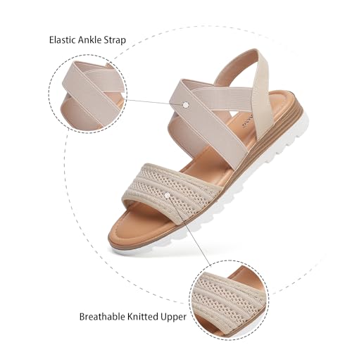 Image of Saidoteto Women's Flat Sandals,Comfortable Elastic Ankle Strap Slingback Slip-On Open Toe Low Wedge Walking Sandals for Summer & Casual