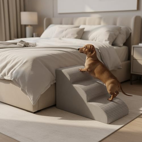 Hundetreppe 3 Stufen - 60 x 30 x 40 cm - rutschfest Weich für Kleine Hunde Haustiertreppe Stabil Sicher Komfortabel – Hergestellt in Polen (Streifen Beige)