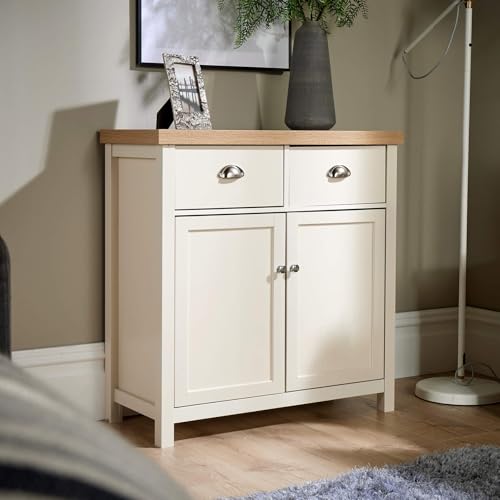 Image of Home Source 2 Door 2 Drawer Sideboard Storage Cupboard with Metal Handles, Oak Effect, White