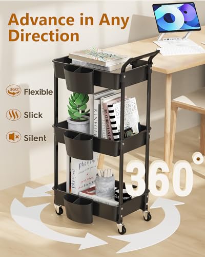 Foto von HBTower Rollwagen aus Kunststoff，Küchenwagen 3 Etagen, Servierwagen, mit extra hängenden Tassen, feststellbare Räder für Wohnzimmer, Küche, Büro, Schwarz