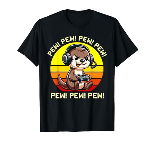 Pew Otter Gamer Videojuegos Retro Puesta Del Sol Niños Niñas Niños Camiseta