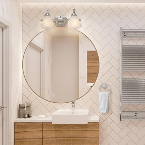 Image of Globe Electric 63000104 3-Piece Bath Accessories, Satin Nickel Finish, 15 inch 2-Light Vanity Light, Alabaster Glass Shades, Toilet Paper Holder, Towel Ring, Bathroom Decor, Home Essentials