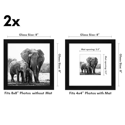 Americanflat 8x8 Picture Frame with Shatter-Resistant Glass - Set of 2 - Use as 4x4 Frame with Mat or Display 8x8 Photo Without Mat - Signature Collection - Square Frames for Tabletop and Wall - Black - Thumbnail 2